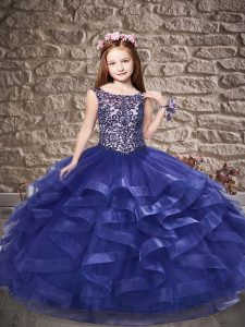 Dramatic Blue Tulle Lace Up Scoop Sleeveless Floor Length Pageant Gowns For Girls Beading and Ruffles
