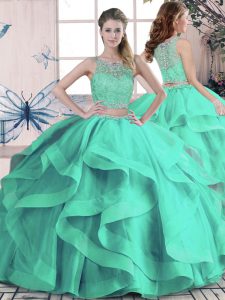 Cute Sleeveless Floor Length Beading and Ruffles Lace Up Vestidos de Quinceanera with Turquoise