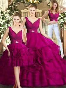 Flare Fuchsia Sleeveless Organza Backless Sweet 16 Quinceanera Dress for Military Ball and Sweet 16 and Quinceanera