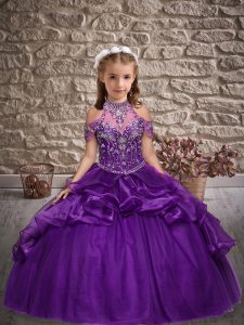 Floor Length Lace Up Kids Formal Wear Purple for Wedding Party with Beading and Ruffles