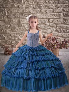 Straps Sleeveless Girls Pageant Dresses Floor Length Beading and Ruffled Layers Blue Organza