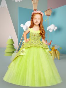 Lace Up Little Girls Pageant Dress Yellow Green for Wedding Party with Beading and Embroidery Brush Train
