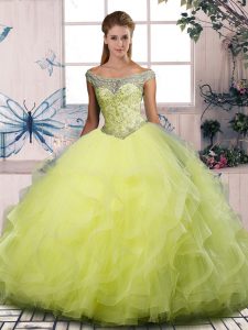 Smart Yellow Green Sleeveless Tulle Lace Up Quince Ball Gowns for Sweet 16 and Quinceanera