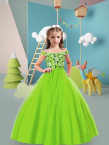Sleeveless Tulle Floor Length Zipper Pageant Dress for Girls in Yellow Green with Embroidery