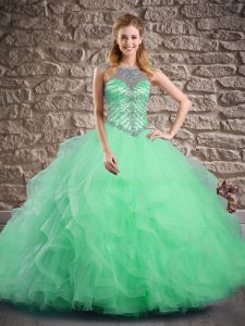 Custom Design Beading and Ruffles Quinceanera Gown Apple Green Lace Up Sleeveless Brush Train