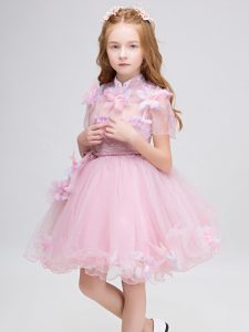 Mini Length Baby Pink Toddler Flower Girl Dress High-neck Short Sleeves Zipper