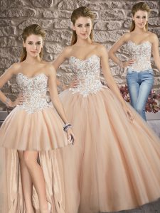 Champagne Sleeveless Brush Train Appliques Quinceanera Gowns