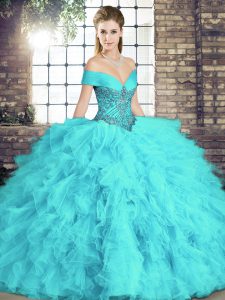 Off The Shoulder Sleeveless 15 Quinceanera Dress Floor Length Beading and Ruffles Aqua Blue Tulle
