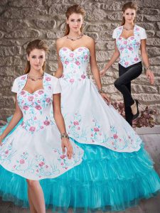 Comfortable Aqua Blue Sleeveless Embroidery and Ruffled Layers Floor Length 15 Quinceanera Dress