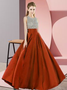 Graceful Rust Red Empire Scoop Sleeveless Elastic Woven Satin Floor Length Backless Beading Celebrity Evening Dresses