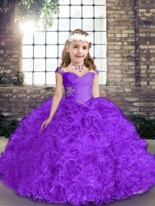 Floor Length Purple Pageant Dresses Fabric With Rolling Flowers Sleeveless Beading