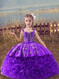 Lavender Ball Gowns Fabric With Rolling Flowers Straps Sleeveless Embroidery Lace Up Child Pageant Dress Sweep Train