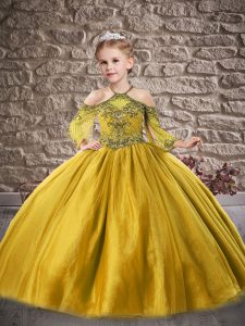 On Sale Gold Zipper Kids Pageant Dress Beading and Lace 3 4 Length Sleeve Floor Length