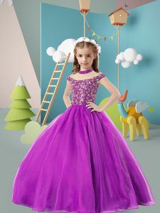Fantastic Tulle Cap Sleeves Floor Length Child Pageant Dress and Beading