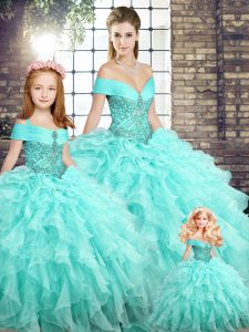 Aqua Blue Ball Gown Prom Dress Military Ball and Sweet 16 and Quinceanera with Beading and Ruffles Off The Shoulder Slee