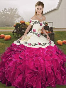 Sexy Floor Length Fuchsia Ball Gown Prom Dress Organza Sleeveless Embroidery and Ruffles