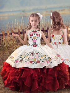 White And Red Organza Lace Up Little Girl Pageant Gowns Sleeveless Floor Length Embroidery and Ruffles