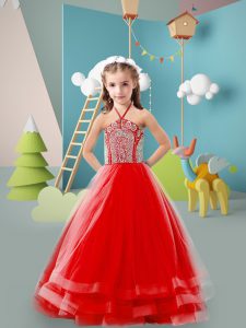 Halter Top Sleeveless Zipper Little Girls Pageant Dress Wholesale Red Tulle
