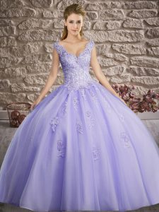 Amazing Lavender Sleeveless Appliques Floor Length 15 Quinceanera Dress