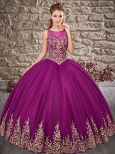 Colorful Fuchsia Tulle Lace Up Scoop Sleeveless Floor Length Sweet 16 Quinceanera Dress Embroidery