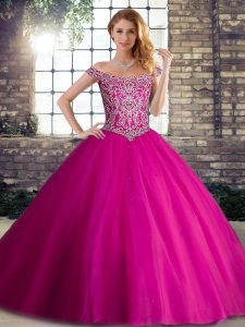 Most Popular Fuchsia Off The Shoulder Neckline Beading Ball Gown Prom Dress Sleeveless Lace Up