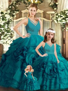 Stylish Ball Gowns Sleeveless Teal Quinceanera Dress Brush Train Backless