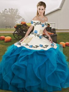 Extravagant Blue And White Lace Up Off The Shoulder Embroidery and Ruffles Quince Ball Gowns Tulle Sleeveless