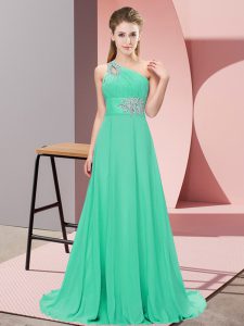 Simple Sleeveless Floor Length Beading Lace Up Prom Dresses with Apple Green