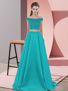 Best Teal Two Pieces Off The Shoulder Sleeveless Elastic Woven Satin Sweep Train Backless Beading Evening Dress