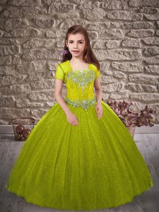 Olive Green Lace Up Straps Beading Pageant Gowns For Girls Tulle Sleeveless Sweep Train
