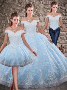 Off The Shoulder Sleeveless Tulle and Lace Quinceanera Dress Beading and Appliques Brush Train Lace Up