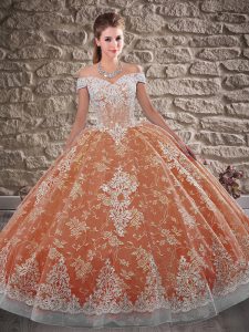 Great Orange Red Sleeveless Tulle and Lace Brush Train Lace Up 15th Birthday Dress for Military Ball and Sweet 16 and Qu