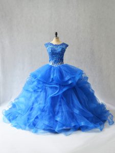 Vintage Royal Blue Quinceanera Dresses Sweet 16 and Quinceanera with Beading and Lace Scoop Sleeveless Brush Train Lace 
