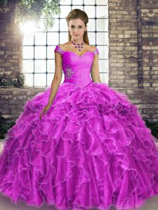 Lilac Lace Up Off The Shoulder Beading and Ruffles Quinceanera Dresses Organza Sleeveless Brush Train