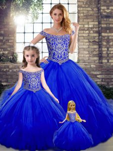 Royal Blue Tulle Lace Up Quince Ball Gowns Sleeveless Floor Length Beading and Ruffles
