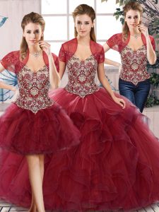 Floor Length Burgundy Quinceanera Gown Off The Shoulder Sleeveless Lace Up