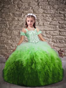 Sweet Straps Sleeveless Sweep Train Lace Up Child Pageant Dress Multi-color Tulle