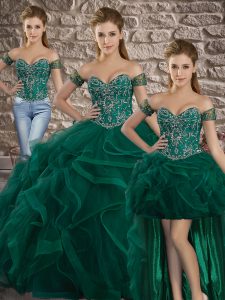 Sweetheart Sleeveless Sweep Train Lace Up Quince Ball Gowns Green Tulle
