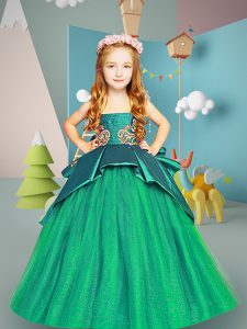 Turquoise Lace Up Scoop Embroidery Little Girls Pageant Dress Satin and Tulle Sleeveless