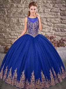 Tulle Scoop Sleeveless Lace Up Embroidery Sweet 16 Dresses in Royal Blue