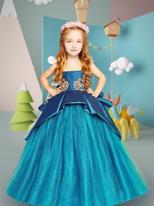 Teal Scoop Lace Up Embroidery Pageant Gowns For Girls Sleeveless