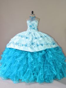 Halter Top Sleeveless Quince Ball Gowns Court Train Embroidery and Ruffles Aqua Blue Organza
