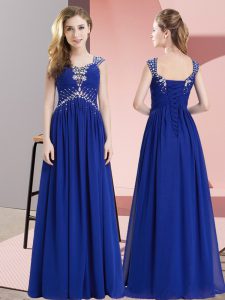 Royal Blue Sleeveless Floor Length Beading Lace Up Prom Party Dress