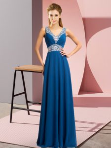 Beautiful Blue Sleeveless Floor Length Beading Lace Up Prom Homecoming Dress