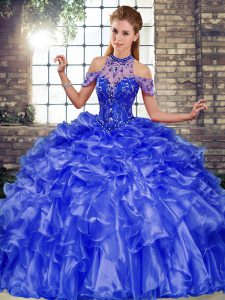 New Arrival Blue Sweet 16 Quinceanera Dress Military Ball and Sweet 16 and Quinceanera with Beading and Ruffles Halter T