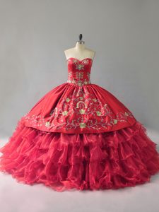Sleeveless Floor Length Embroidery and Ruffles Lace Up Sweet 16 Dress with Red