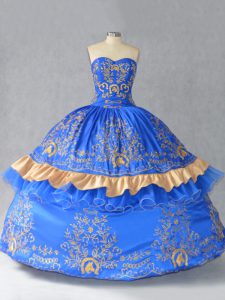 Blue Ball Gowns Sweetheart Sleeveless Satin and Organza Floor Length Lace Up Embroidery and Bowknot Quinceanera Gown