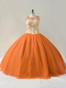 Eye-catching Orange Ball Gowns Scoop Sleeveless Tulle Floor Length Lace Up Beading and Appliques 15th Birthday Dress