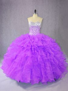 Fabulous Purple Lace Up Sweetheart Beading and Ruffles Quinceanera Dresses Organza Sleeveless