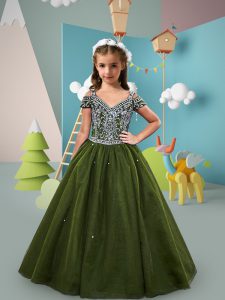 Excellent Olive Green Little Girls Pageant Dress Wedding Party with Beading Off The Shoulder Short Sleeves Lace Up
